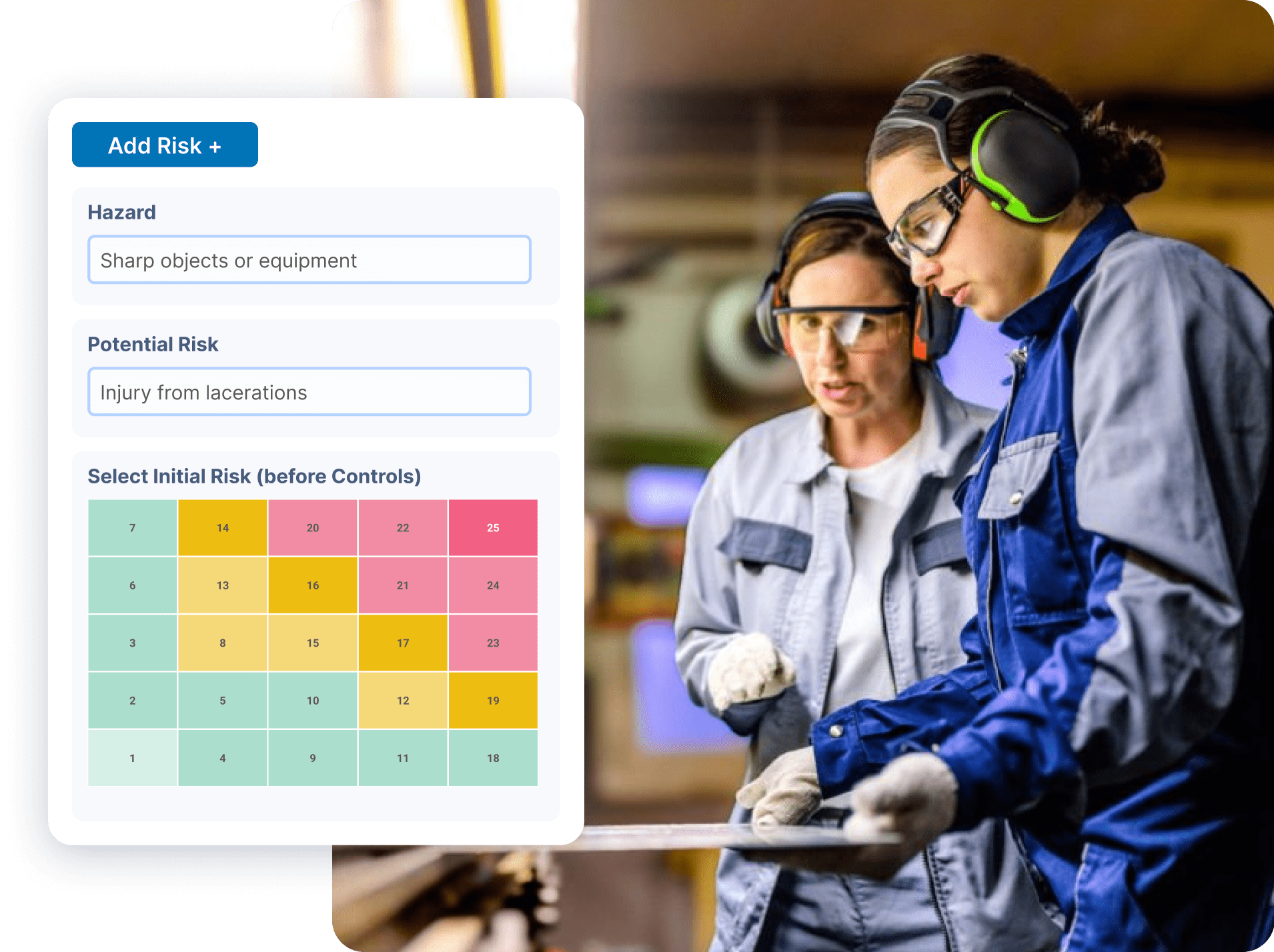 Two workers in safety glasses using risk assessment matrix on tablet in warehouse